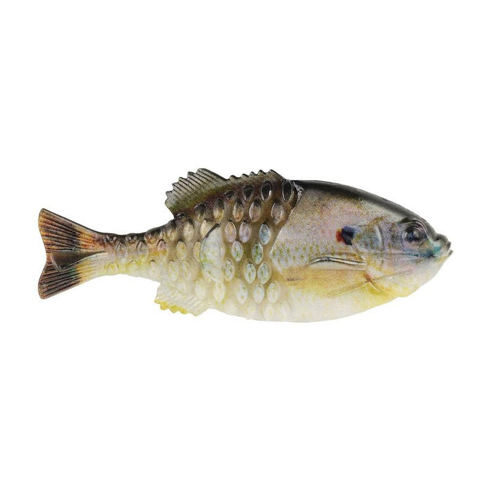 Berkley PowerBait Gilly fishing lure shaped and colored like a small sunfish with realistic textured body and detailed fins for effective fishing tackle.