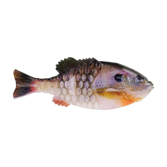 Realistic fish-shaped Berkley PowerBait Gilly fishing lure with textured scales, a lifelike bluegill color pattern, and a soft plastic body designed for effective fishing tackle use.