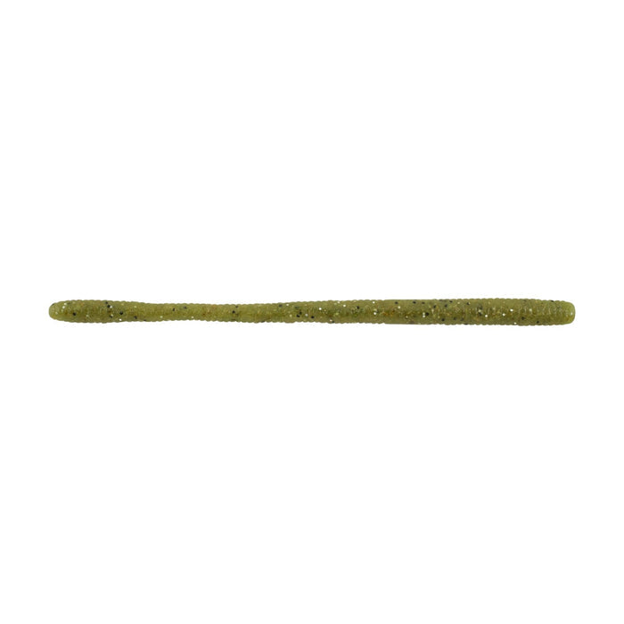 A single olive green Berkley PowerBait MaxScent D-Worm fishing lure with subtle flecks, designed for use in fishing tackle to attract fish.