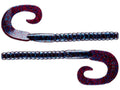 Two Berkley Powerbait Power Worm fishing lures in dark purple with blue glitter, featuring ribbed bodies and curled tails for enhanced movement in water.