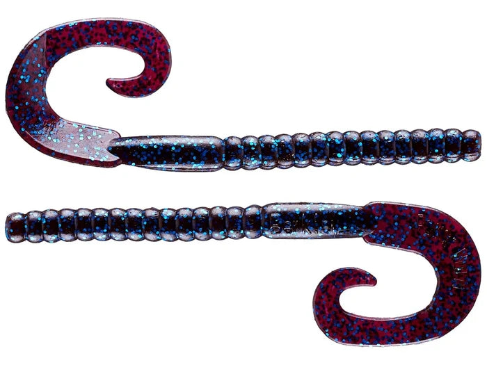 Two Berkley Powerbait Power Worm fishing lures in dark purple with blue glitter, featuring ribbed bodies and curled tails for enhanced movement in water.