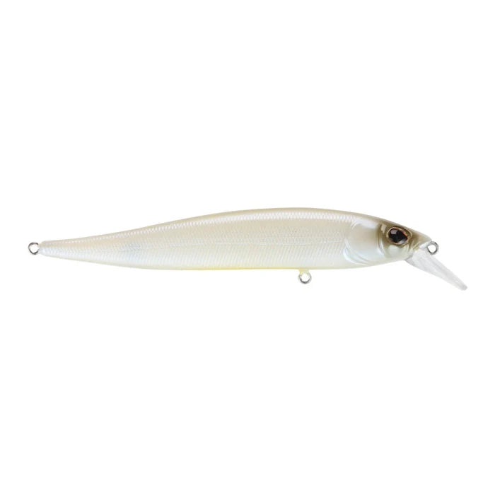 Clear translucent fishing jerkbait with subtle pearl white and light yellow tones, detailed scales, lifelike eyes, and a small angled diving lip for realistic movement in water.