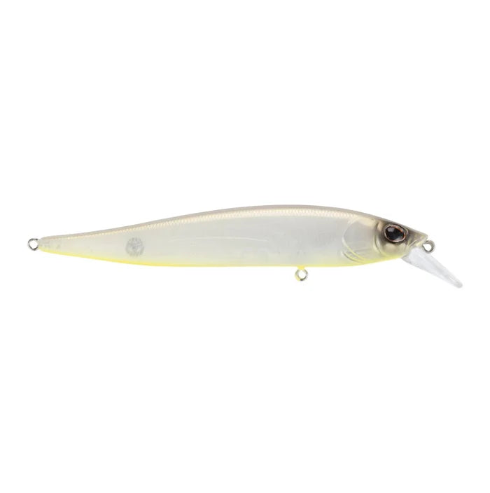 Clear translucent fishing jerkbait lure with realistic eye detail and a small diving lip, designed for attracting predatory fish in freshwater environments.