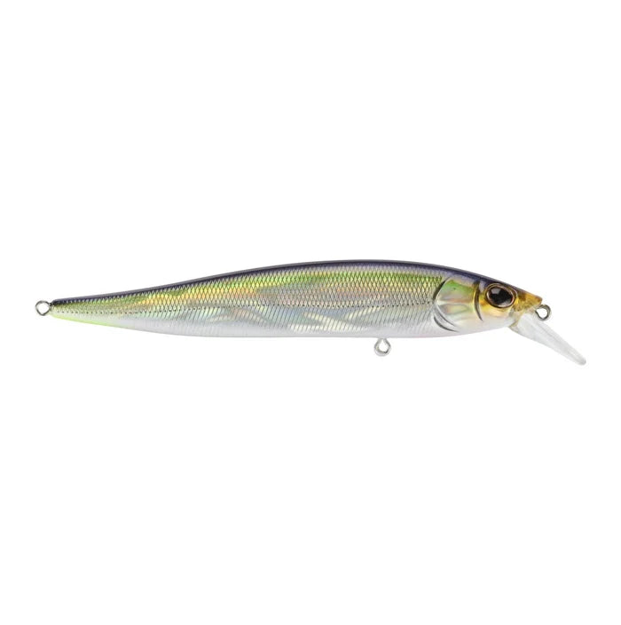 Slim, elongated jerkbait fishing lure with reflective silver and green scales, realistic fish eye, and a clear plastic lip for diving action, designed for fishing tackle use.