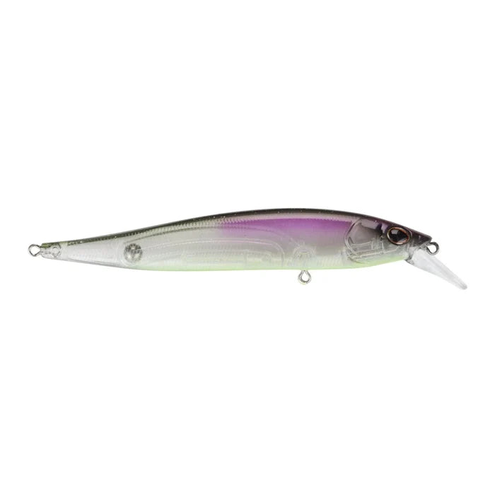 Clear translucent fishing jerkbait with purple and light green accents, detailed eyes, and a small diving lip for realistic movement in water.