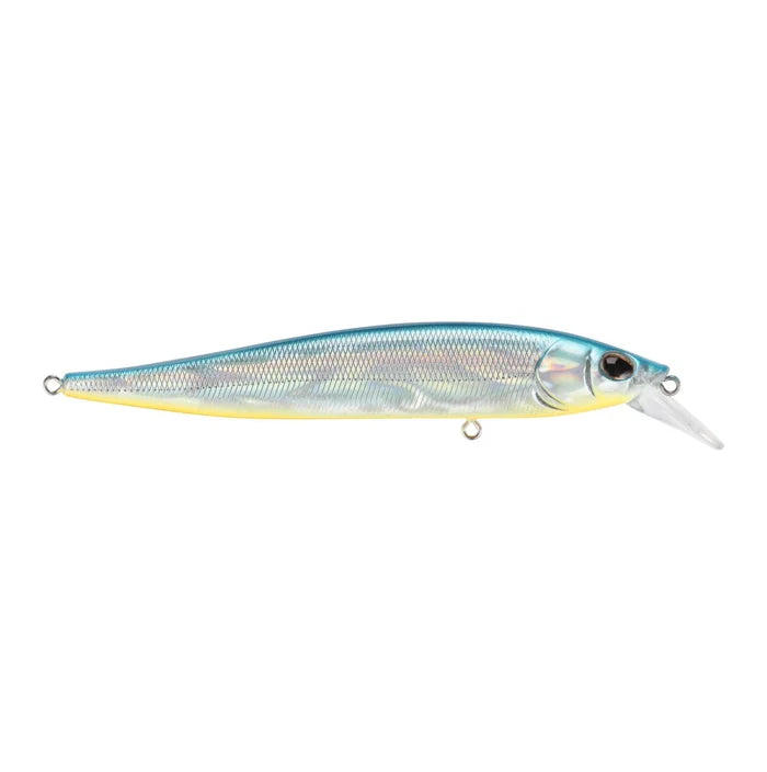 Jerkbait fishing lure with a slender, holographic blue and silver body and a clear diving lip designed for realistic movement in the water.