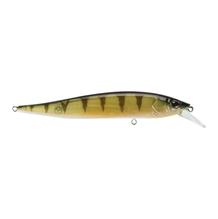 Slim fishing jerkbait designed to mimic a perch with green and yellow tones, detailed body pattern, and a clear plastic lip for diving action in fishing tackle.