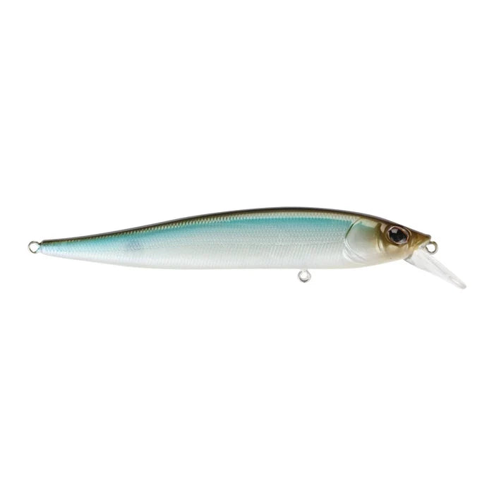 Slim, elongated jerkbait fishing lure with a realistic fish scale pattern in blue and silver tones, featuring a clear diving lip and detailed eye, designed for fishing tackle use.