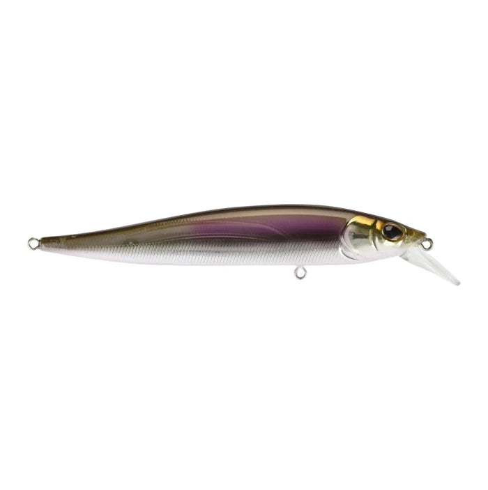 Slim fishing lure designed to mimic a baitfish with a translucent purple and silver body, lifelike eyes, and a small plastic lip, used as a jerkbait for fishing tackle.