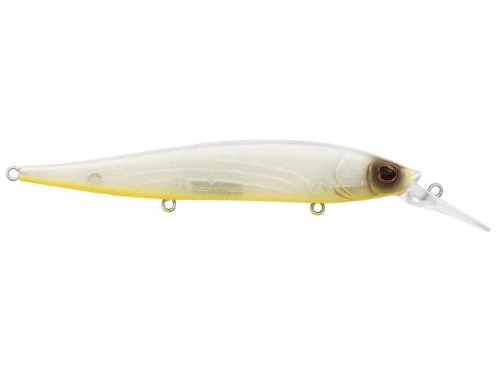 Berkley Stunna 112+1 Jerkbait fishing lure with a translucent white body, yellow underbelly, and realistic eye detail designed for effective fishing tackle use.