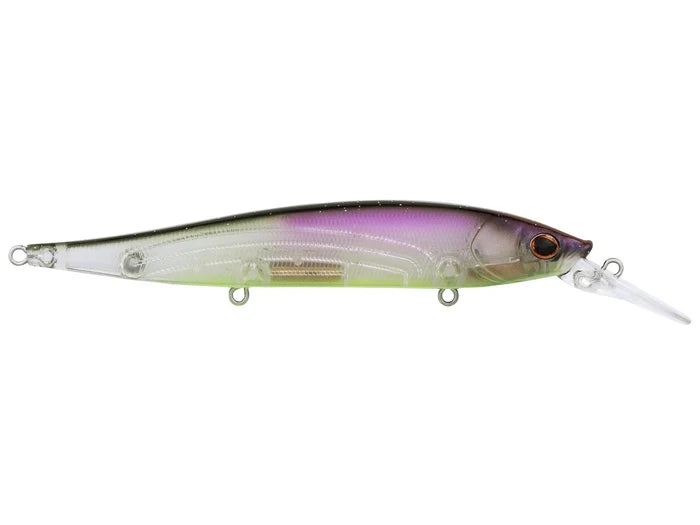 Berkley Stunna 112+1 Jerkbait fishing lure with a translucent body, purple and green accents, realistic eyes, and a diving lip for freshwater fishing tackle.