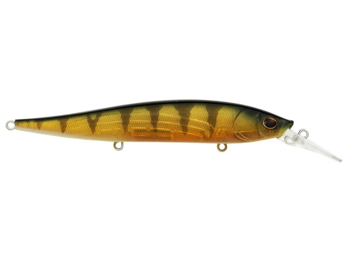 Berkley Stunna 112+1 Jerkbait in yellow and black pattern with lifelike eyes and a clear diving lip, designed for effective fishing tackle use.