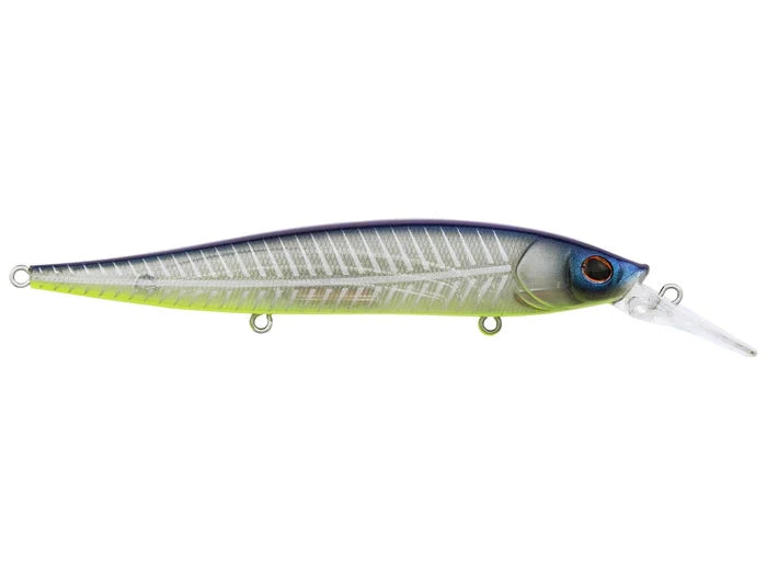 Berkley Stunna 112+1 Jerkbait fishing lure with a slender, fish-like body featuring blue, silver, and green hues and a clear angled diving lip for realistic movement in water.