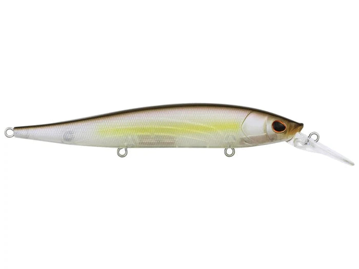 Berkley Stunna 112+1 Jerkbait fishing lure with a slender, lifelike body in natural brown and yellow tones, featuring realistic eyes and a clear diving lip for musky fishing.
