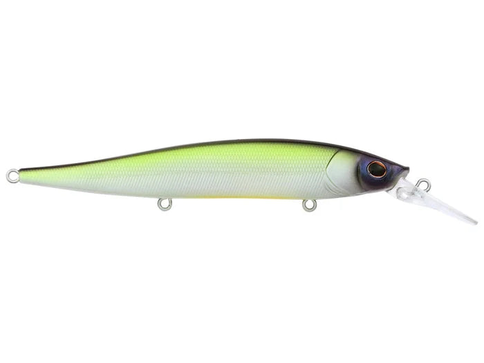 Berkley Stunna 112+1 Jerkbait fishing lure in green and silver with detailed eyes and a clear diving lip, designed for effective fishing tackle use.