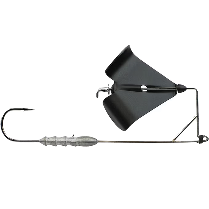Berkley Toad Riveter fishing lure with a sharp single hook, weighted head, and black angled spinner blade designed for effective musky fishing tackle.