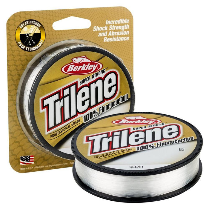 Berkley Trilene 100% Fluorocarbon fishing line spool and packaging, showcasing clear, strong, abrasion-resistant fishing tackle ideal for musky and fly fishing gear.