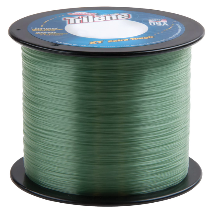 Spool of green Berkley Trilene XT fishing line designed for strength and durability, suitable for various fishing tackle and rods.
