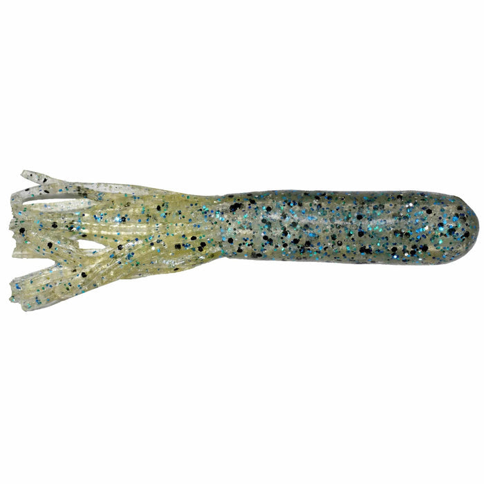 Big Bite Baits 3.5" Salt Tube soft fishing lure in translucent bluegill color with black and blue glitter flecks, designed for use with fishing tackle targeting musky and other species.