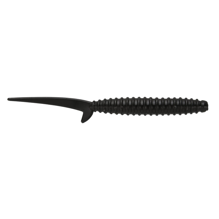 Big Bite Baits 4.2" Scentsation Thresher Worm is a black soft plastic fishing lure with a ribbed body and a slender tail designed for lifelike movement, ideal for fishing tackle.