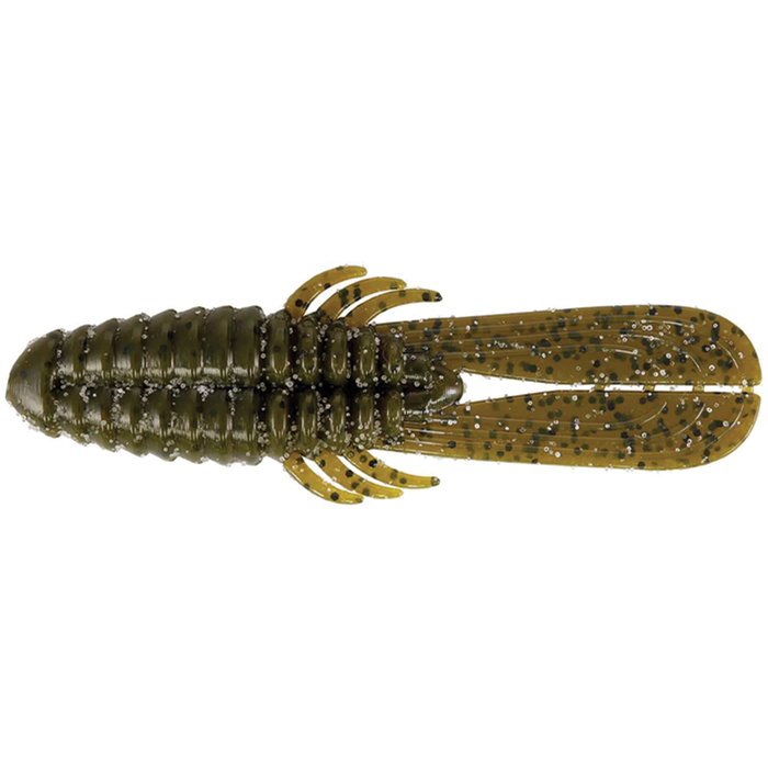 Big Bite FAFO soft plastic fishing lure resembling a green and brown crawfish with segmented body and black flecks for fishing tackle use.