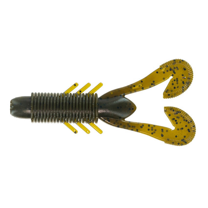 Big Bite Velo Craw fishing lure featuring textured ribbed body, two curled tail appendages, and segmented legs in greenish-yellow with black speckles for realistic water movement.