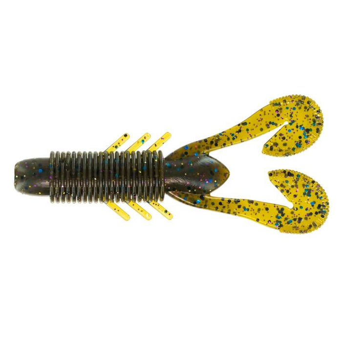 Big Bite Velo Craw fishing lure in green and dark colors with blue and red speckles, featuring ribbed body and two large curly tail appendages for realistic water movement.