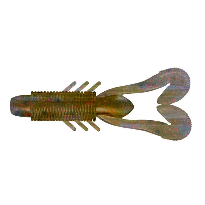 Big Bite Velo Craw soft plastic fishing lure featuring a segmented body with ribbed texture and twin curled tails designed for lifelike movement in water.