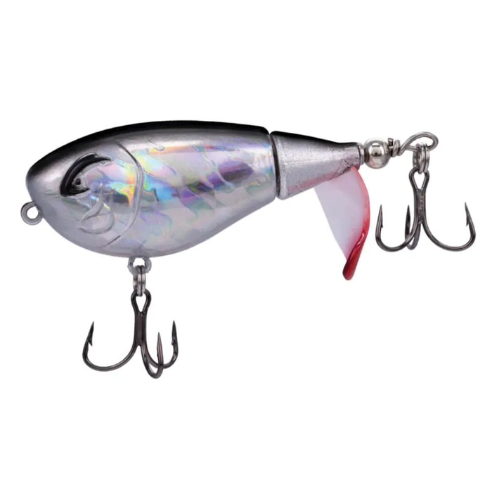 Bill Lewis Baby Bubbler 55 fishing lure with a reflective silver body, red-tipped diving lip, and two sharp treble hooks for effective fishing tackle.