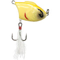 Bill Lewis Zig-Zag Topwater fishing lure in yellow with black and red markings, featuring a treble hook with white feathered skirt for freshwater fishing tackle.