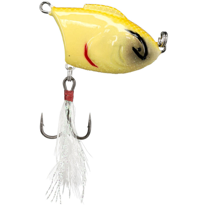 Bill Lewis Zig-Zag Topwater fishing lure in yellow with black and red markings, featuring a treble hook with white feathered skirt for freshwater fishing tackle.