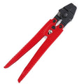 Billfisher Heavy Duty Hand Crimper CN-10 with red ergonomic handles and black metal crimping head, designed for secure and precise fishing tackle adjustments.
