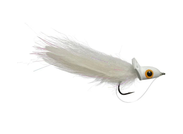Bisharat's Bubbleicious fishing lure featuring a white, fuzzy tail and a compact head with a yellow and black eye, designed for effective musky fishing tackle.