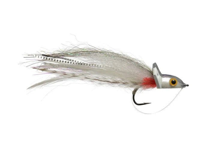 Bisharat's Bubbleicious fishing lure featuring a silver weighted head, detailed yellow eye, and a flowing tail of gray, white, and black feathers with red accents, designed for musky fishing.