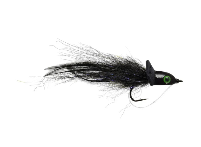 Black fishing lure with green eye and soft feathered tail designed for musky fishing, named Bisharat's Bubbleicious, ideal for use with fishing tackle and rods.