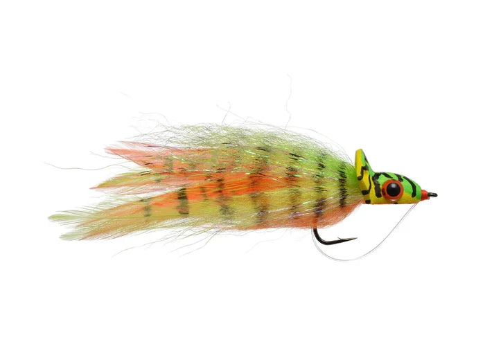 Bisharat's Bubbleicious fishing lure with a vibrant green, yellow, and orange feathered body, designed for musky fishing with detailed patterning and a sharp hook.