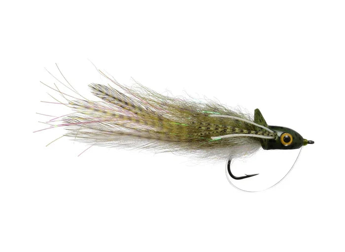Close-up of Bisharat's Bubbleicious fishing lure featuring a detailed frog-shaped design with green and brown feathers and a sharp fishing hook.
