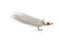 Close-up of Bisharat's Bubbleicious fishing lure featuring a white feathered tail, an orange and black eye detail, and a sharp hook designed for musky fishing.