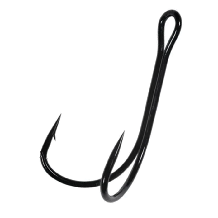 BKK Double-21 Urchin black double fishing hook for fishing tackle and lure rigging shown on a white background