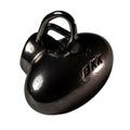 Close-up view of a metallic black BKK Fast Head TG Type-F fishing lure weight with a smooth, rounded shape and a sturdy wire loop for attaching to fishing tackle.