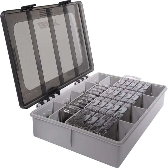 BKK OCD Tackle Storage System (Starter Kit) showing an open durable plastic fishing tackle box with adjustable compartments and a transparent lid for organizing fishing lures and gear.