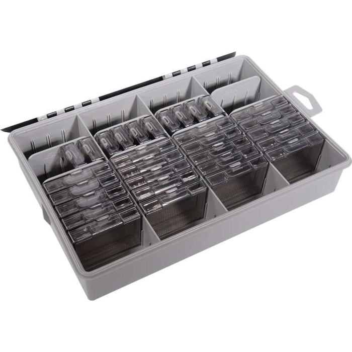 BKK OCD Tackle Storage System (Starter Kit) featuring a durable gray plastic case with multiple clear compartments for organizing fishing tackle and lures efficiently.