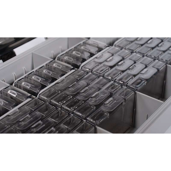 BKK OCD Tackle Storage System (Starter Kit) showing multiple clear organized compartments designed for fishing tackle storage within a larger fishing gear box.