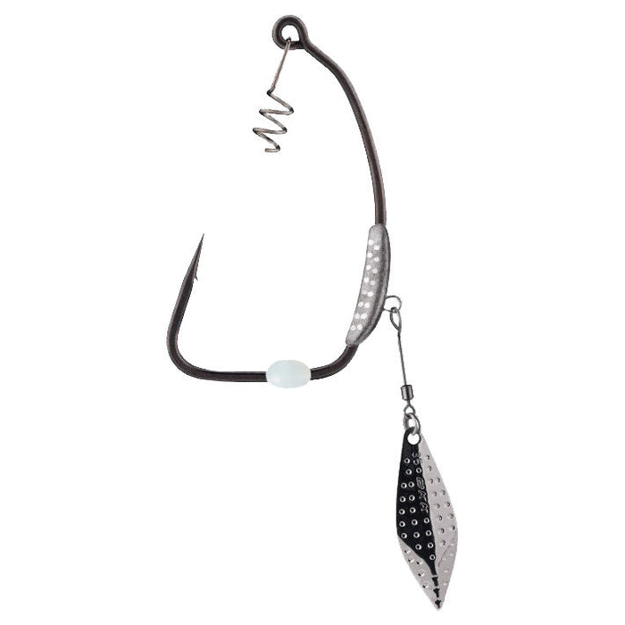 BKK Titan Diver Hook featuring a sharp dark metal hook with an integrated spiral screw lock, a silver weighted section, a small plastic bead, and a textured silver metal blade for fishing tackle use.