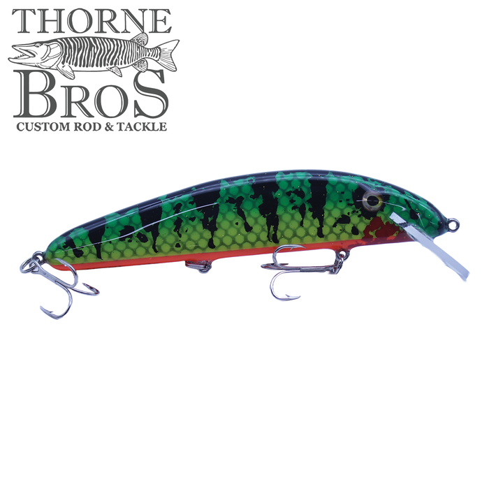 B&N Casting Claw - 8" fishing lure with green and black patterned body, red underside, detailed eye, and two treble hooks for musky fishing tackle.