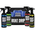 Boat Drip All-In-One Boat Care Kit with four labeled spray bottles for exterior, interior, deck cleaner, and restore, alongside blue and gray cleaning cloths in a black carrying case.