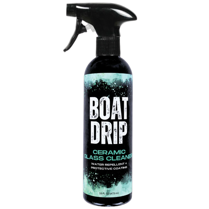 Bottle of Boat Drip Ceramic Glass Cleaner with a black spray nozzle and a black and teal label indicating water repellent and protective coating features.