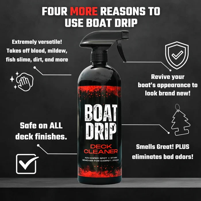 Bottle of Boat Drip Deck Cleaner with spray nozzle, black and red label, highlighted features include versatility for removing blood, mildew, fish slime, and dirt, safe on all deck finishes, odor elimination, and reviving boat appearance.