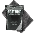 Boat Drip Drying Towel in black packaging displayed on a dark gray microfiber towel, designed for quick drying and cleaning of boats and fishing gear.