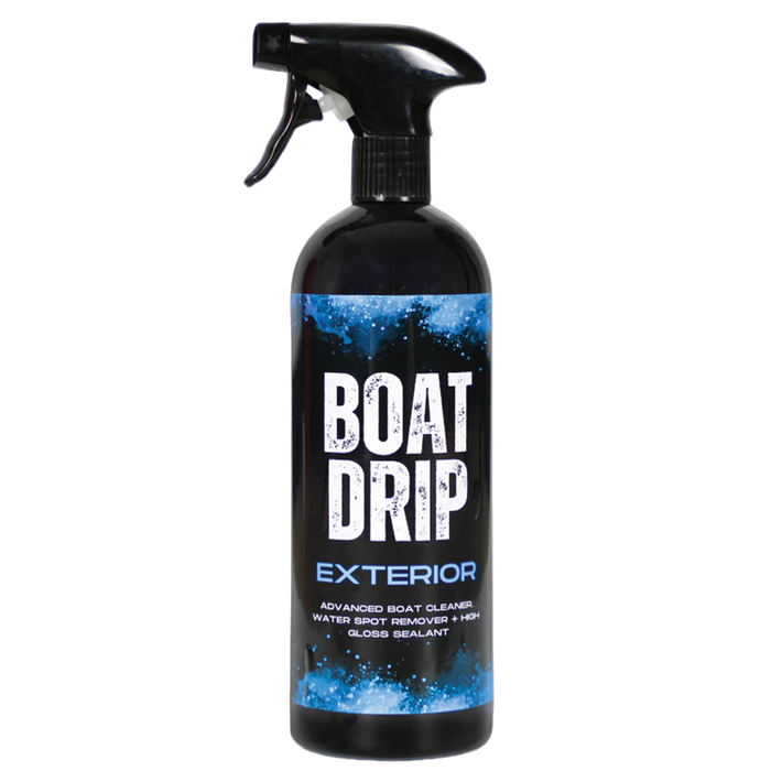 Black spray bottle labeled Boat Drip Exterior Cleaner designed for cleaning boats, removing water spots, and sealing with a high gloss finish.